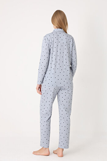 NBB %100 Pamuklu, Önden Düğmeli, Puantiyeli, Gömlek Yaka, Kadın Pijama Takımı, Gri