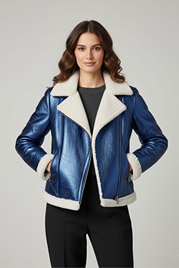 Deriderim Violet Saks Blue Zippered Biker Women's Genuine Fur Coat