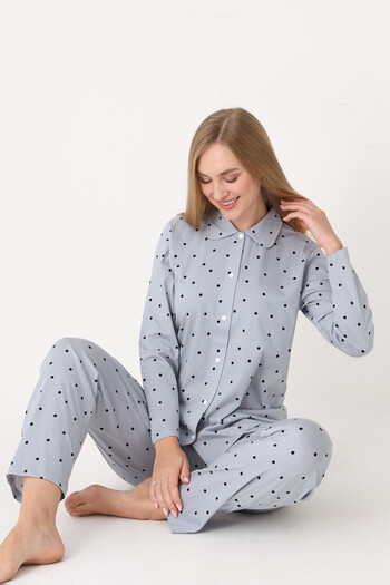 NBB %100 Pamuklu, Önden Düğmeli, Puantiyeli, Gömlek Yaka, Kadın Pijama Takımı, Gri