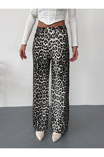 XBELLA DENİM Women's Coffee-White Leopard Print Wide-Leg High-Waisted Jeans Denim Fabric