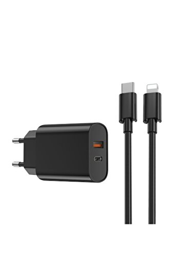 WIWU Wall Charger Wi-002 PD+QC 20W 1x USB 1x USB-C Black + USB-C to Lightning Cable