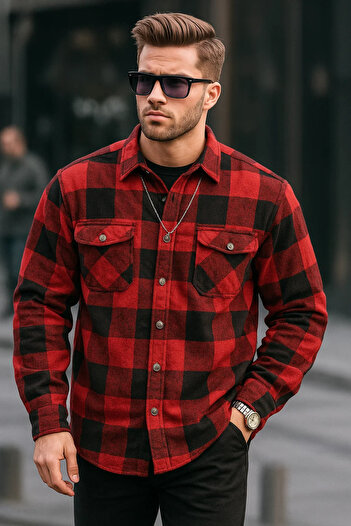 COMBİNE MİCHAİL Men's Basic Thick Oversize Burgundy Shirt