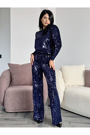 RAMONA BADESCU EXCLUSIVE Women's suit with gold sequins - elegant blouse and wide trousers