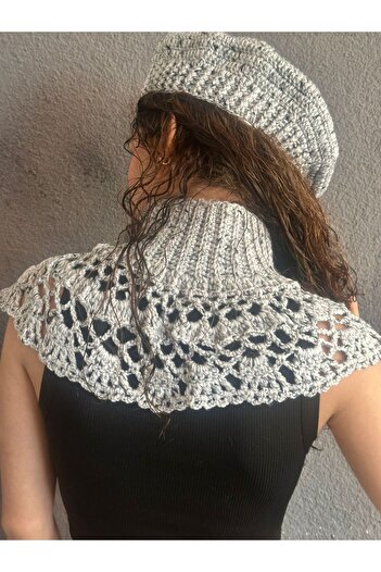 Gönülden Tasarım Hand Knitted French Painter Beret and Neck Collar Set Gray