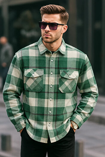 COMBİNE MİCHAİL Men's Basic Thick Oversize Green Shirt