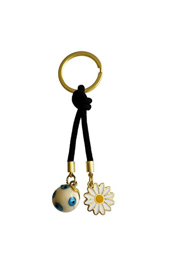 Mixperi Stylish Keychain with Ball-Shaped Beads and Daisy Figures on a Black String
