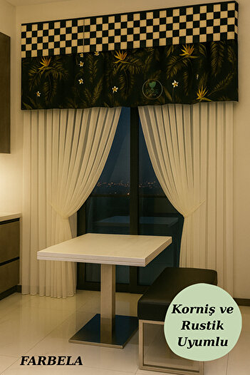 Perdeplus Black Floral Pattern Decorative Farbela, Short Modern Valance Curtain Rustic & Cornice Compatible, Plaid