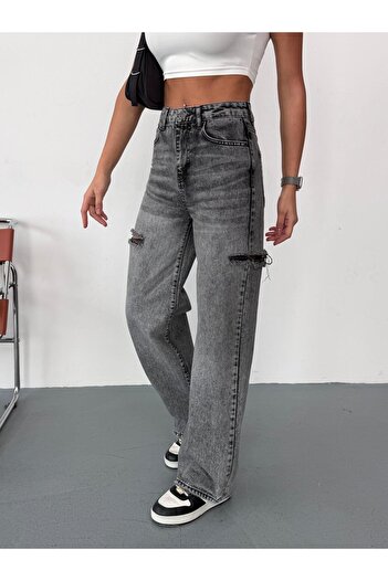 XBELLA DENİM Women's Grey Baggy Jeans High Waist Denim Trousers with Laser Detailing on the Sides