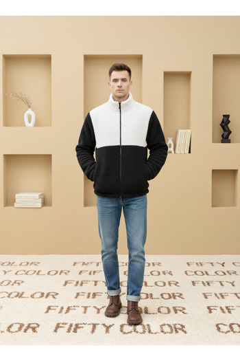 VİPER Unisex, Black-White, Color Block, Zipper, Stand Collar, Sherpa, Fleece, Jacket