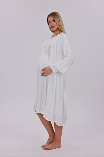 Mio Vero Women's Ecru Lace Double-Breasted Maternity Nightgown-Dressing Gown Set of 2