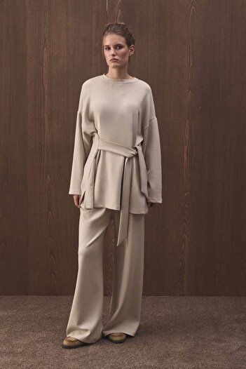 Hooopstore Comfortable Cut Stone Pants Set with Waist Tie Detail