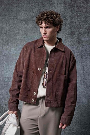 ablukaonline Men's Boxy Fit Buttoned Pocket Jacket Brown