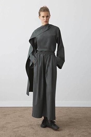 Hooopstore High Waist Draped Pleated Detail Anthracite Trousers