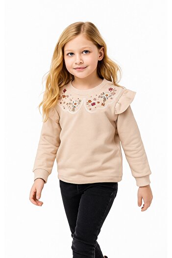 Overdo Ruffled Collar Floral Embroidered 2 Thread Long Sleeve Girls' Sweatshirt