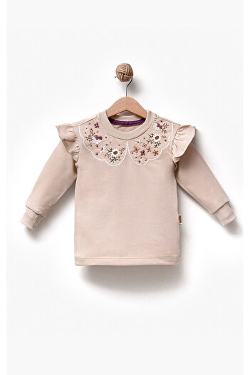 Overdo Ruffled Collar Floral Embroidered 2 Thread Long Sleeve Girls' Sweatshirt