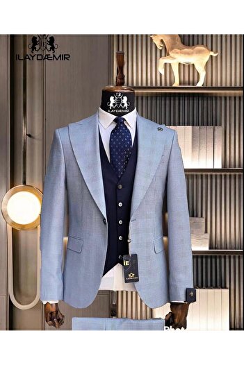 ilayda emir Custom Design Blazer Men Suit Light Blue Grid
