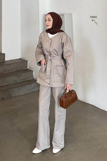 lamelif Belted Gabardine Suit Stone