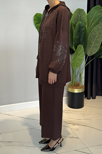 Lale Butik Stone Detail Modal Suit 120270 Brown