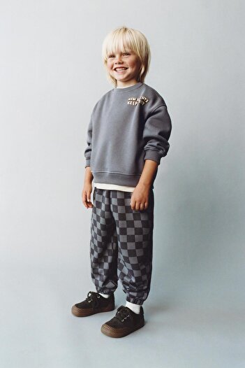 Magu Boys' Cotton Smoked Checkered Patterned Tracksuit Set - New Heights with Text Detail