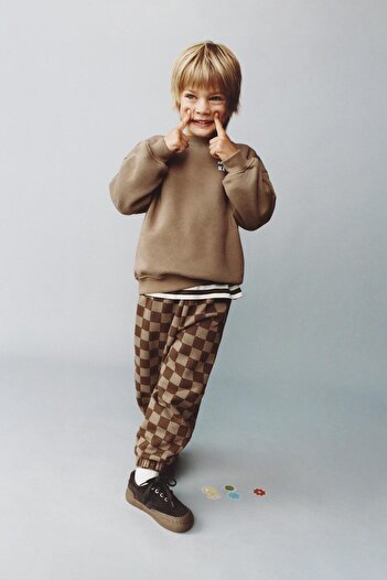 Magu Boy's Cotton Brown Checkered Patterned Tracksuit Set - New Heights Text Detail