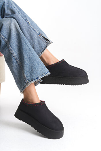 ELAIA SHOES Lumi Black Suede Thick Sole Daily Winter Slippers with Fur Inside