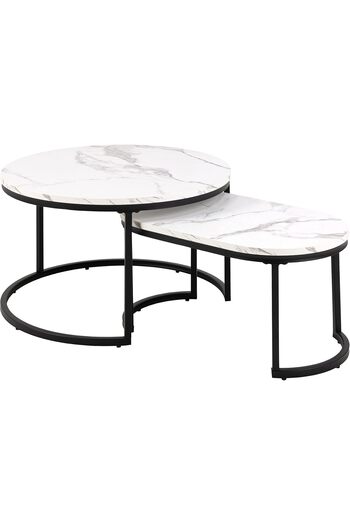 Türkiye Coffee Table Set of 2 for Living Room, Living Room Tables in White Marble Look with Black Metal Fram