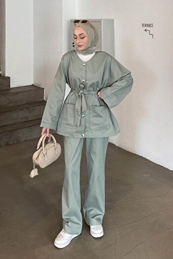 lamelif Belted Gabardine Suit, Green