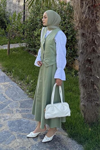 lamelif Gabardine Vest-Skirt Two-Piece Hijab Suit Green