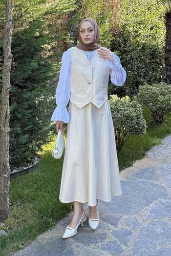lamelif Gabardine Vest-Skirt Two-Piece Hijab Suit Stone