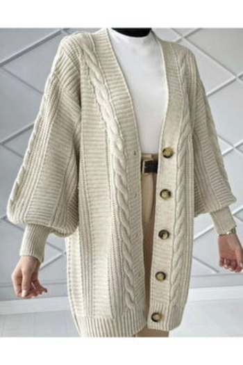 H&E LUXURY DESIGN Black Hair Knit Balloon Sleeve Soft Textured Long Women's Knitwear Cardigan