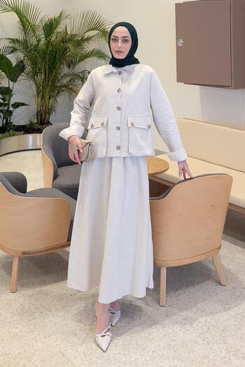 lamelif Pocket Detailed Double Skirt Hijab Set Stone