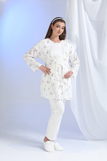 Mio Vero Women's Ecru Floral Patterned Maternity Pajama Set with Dressing Gown, 3-Piece