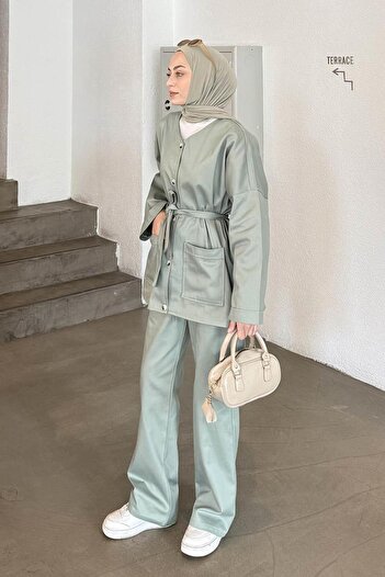 lamelif Belted Gabardine Suit, Green