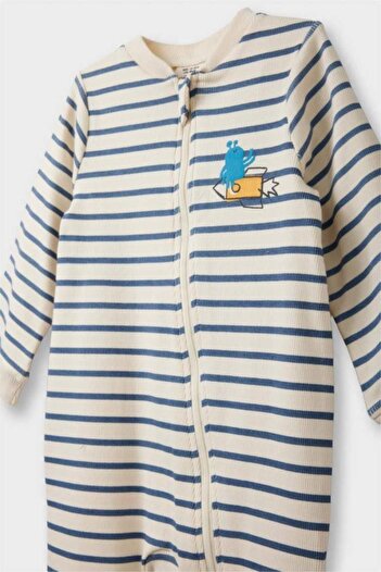 DeFacto Baby Boy Newborn Ribbed Camisole Zippered Striped Long Sleeve Romper (25 Au)