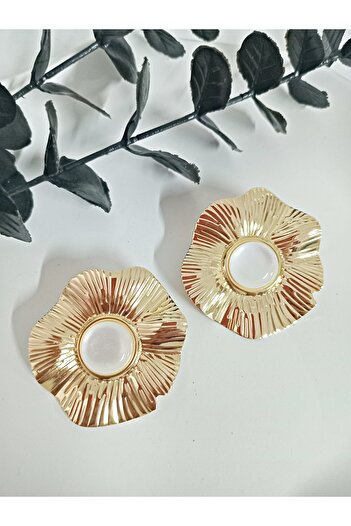 mos&more White Stone Gold Big Flower Women's Earrings