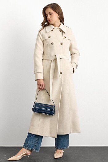 Olcay Double-Breasted Long Coat with Cape Detail Beige Melange 3087