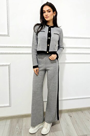 FashionForYou Thalos women's knit set, with cardigan and flared pants, Gray
