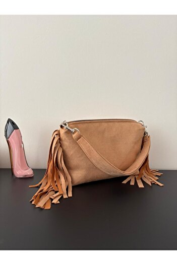 MUTE BAG Suede Tasseled Beige Mini Baguette Women's Bag (20X14)