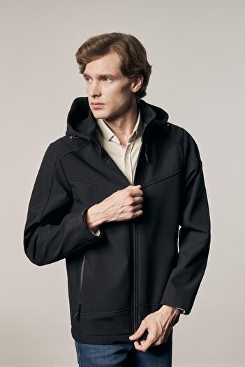 İmza Black Stand Collar Detachable Hood Slim Fit Casual Coat 1007255132