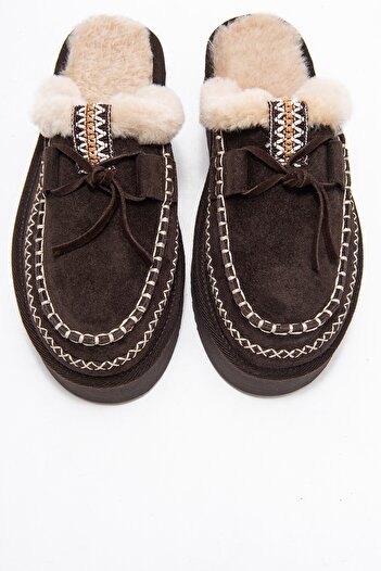 LuviShoes Yalina Brown Suede Genuine Leather Stitched Fur Women's Platform Sole Moccasin Slippers