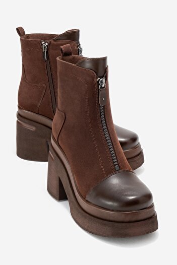 LuviShoes Γυναικείες μπότες με τακούνι πλατφόρμας ANETT καφέ δέρμα-σουέντ με φερμουάρ