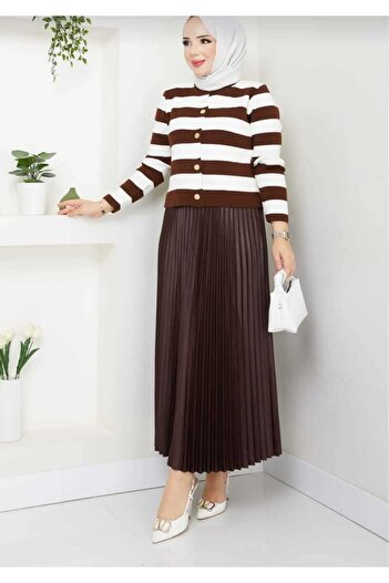 MODA VEDAT Women's Knitwear Cardigan and Pleated Skirt Set -021