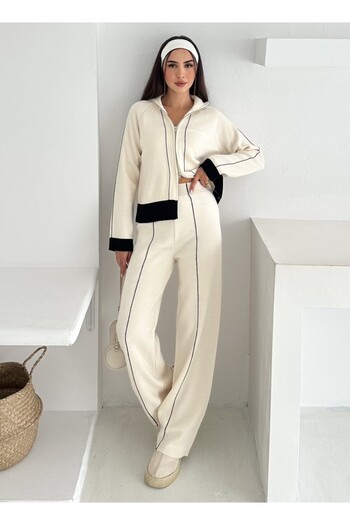 MAXXANA Stand Collar Cardigan and High Waist Pants Two-Piece Knitwear Set