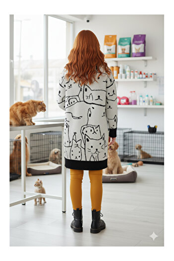 Namaste Vintage Cat Faces Patterned Midi Length V-Neck Unisex Cardigan
