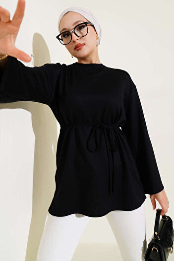 Smy moda Spanish Sleeve Lace-Up Tunic Crew Neck
