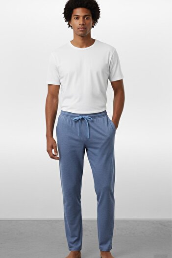 cotonhause Pantaloni pentru bărbați din bumbac pieptănat, cu un singur fund, indigo |   100% bumbac, croială confortabilă, îmbrăcăminte pentru acasă, pantaloni de pijama C1T0N2705