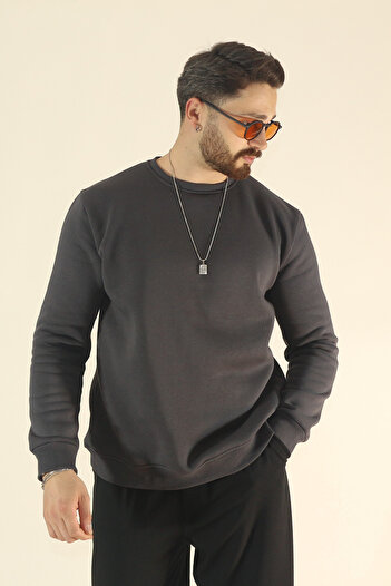 INFLUYENTE Men's Basic Winter Fleece-Lined Sweatshirt - Regular Crew Neck