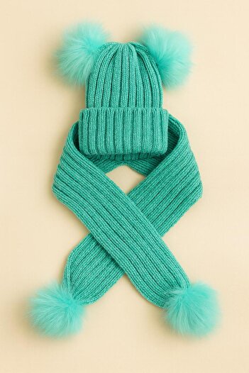 ŞAPKAKİDS Aqua Green Double Pom-Pom Knitwear Scarf Beanie Set