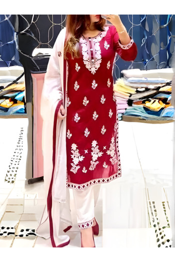 MYSMAR Red Rayon Cotton Kameez Salwar & Dupatta - PMM19250 | Red