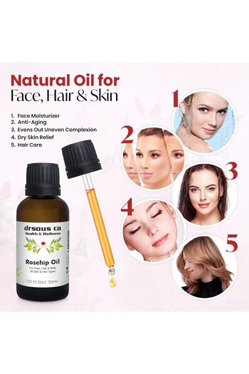 dr sous Drsous Ca Organic Rosehip Oil 30ml | 100% Cold-Pressed Rosa Canina Oil for Face, Hair, Anti-aging